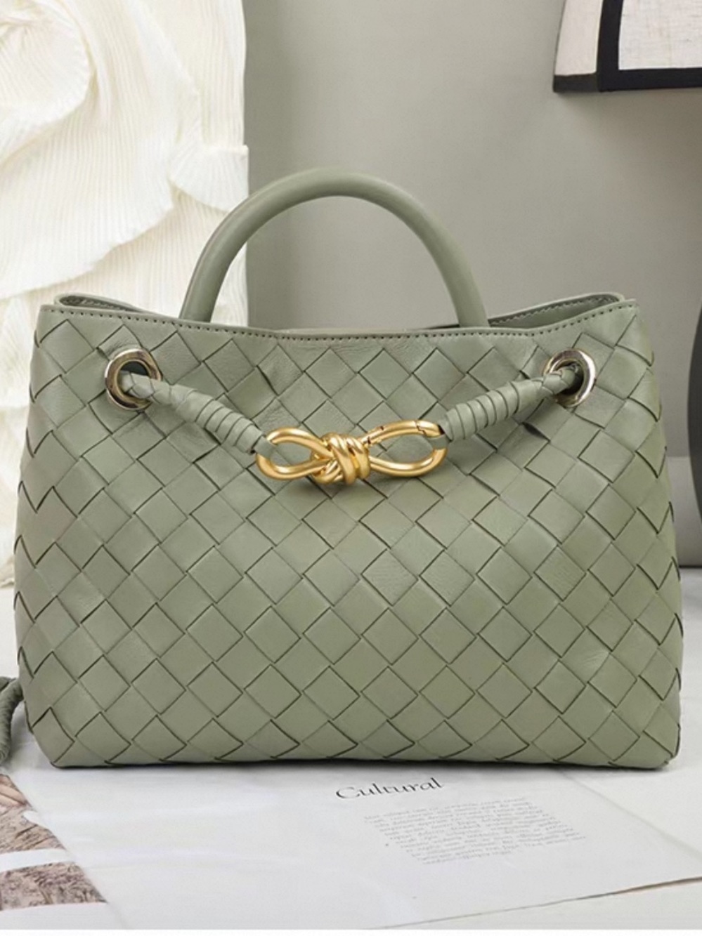 Woven Top-Handle Shoulder Bag in Sage Green